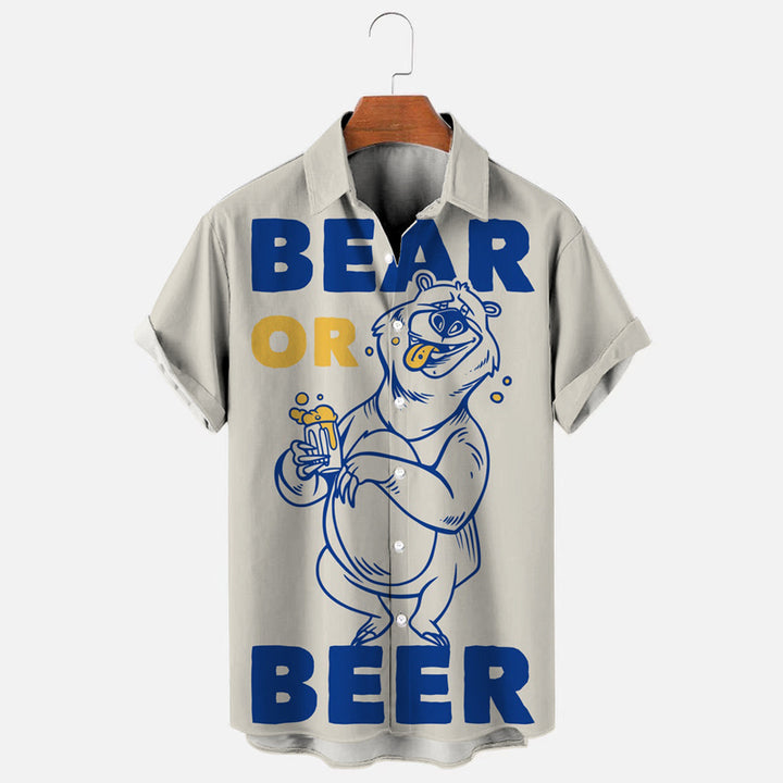 Men's Vintage Beer Bear Print Hawaiian Short Sleeve Shirt