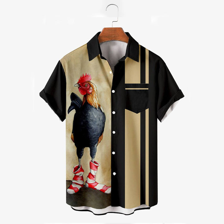 Bowling Stripe Stitching Chicken Button Short Sleeve Shirt