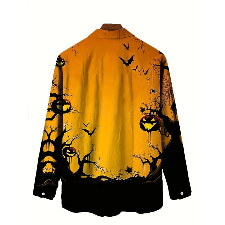 Men's Halloween Pumpkin Full Body Print Trendy Long Sleeve Shirt