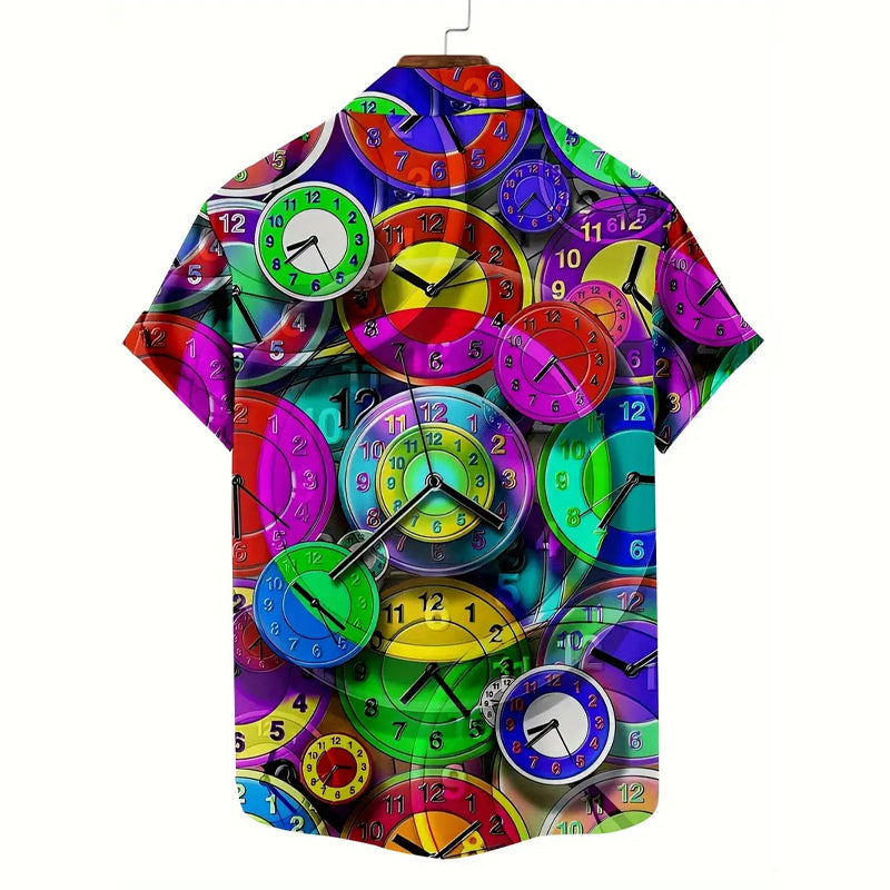 Men's Retro O'clock Print Casual Short Sleeve Shirt