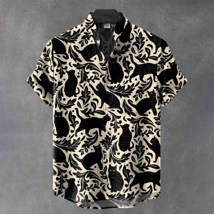 Balck Cat Art Print Casual Short Sleeve Shirt