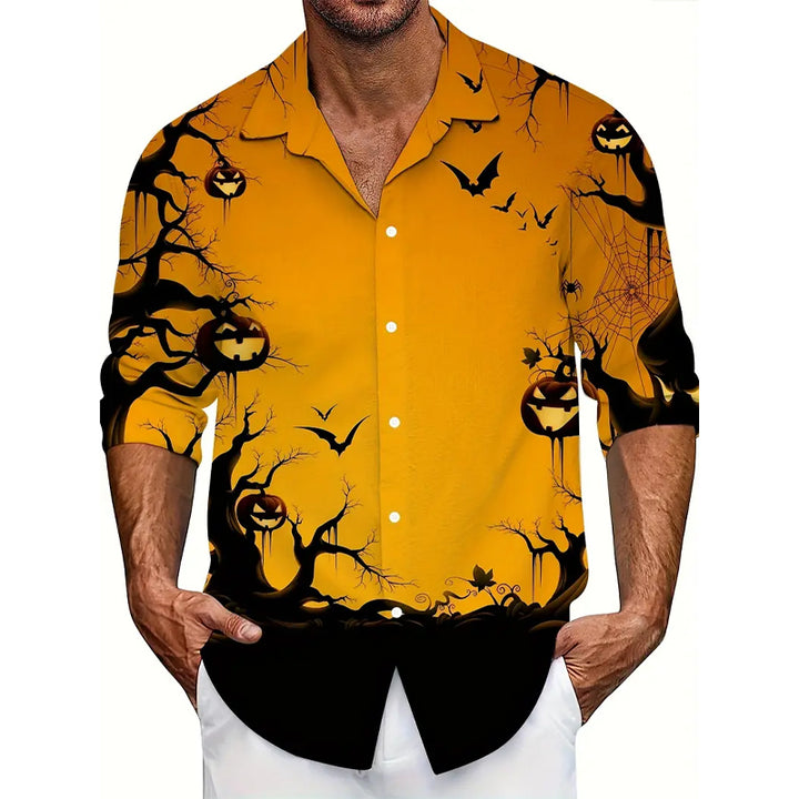 Men's Halloween Pumpkin Full Body Print Trendy Long Sleeve Shirt 2408003719