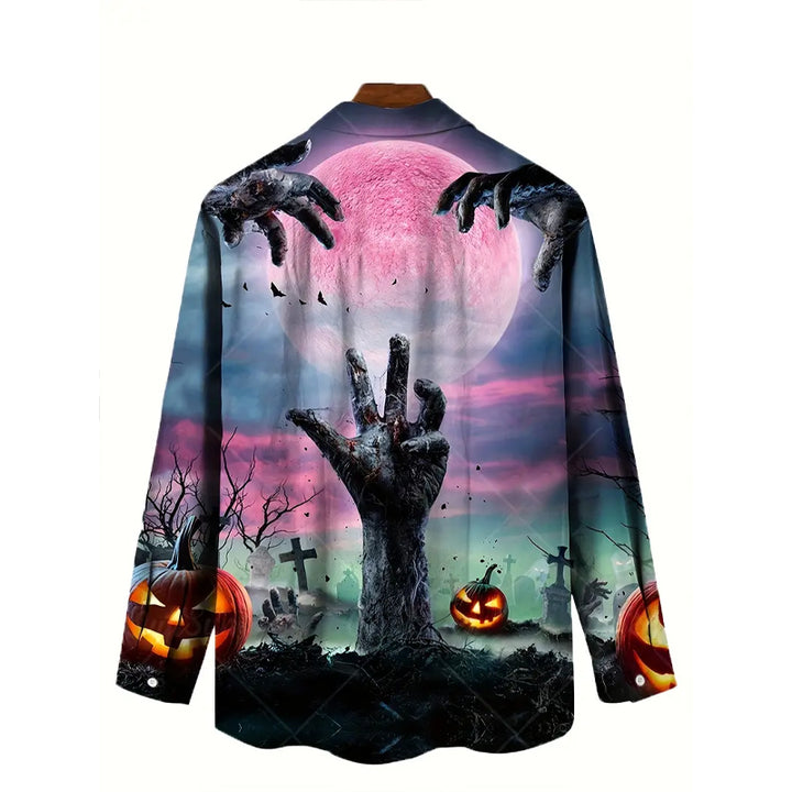 Men's Halloween Pumpkin Full Body Print Trendy Long Sleeve Shirt 2408003719