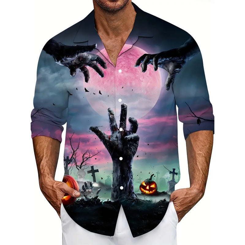 Men's Halloween Pumpkin Full Body Print Trendy Long Sleeve Shirt