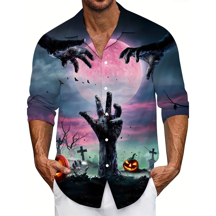 Men's Halloween Pumpkin Full Body Print Trendy Long Sleeve Shirt 2408003719