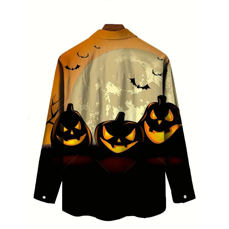 Men's Halloween Pumpkin Full Body Print Trendy Long Sleeve Shirt