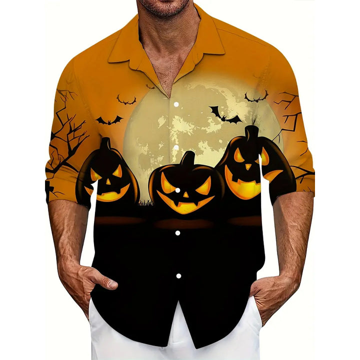 Men's Halloween Pumpkin Full Body Print Trendy Long Sleeve Shirt