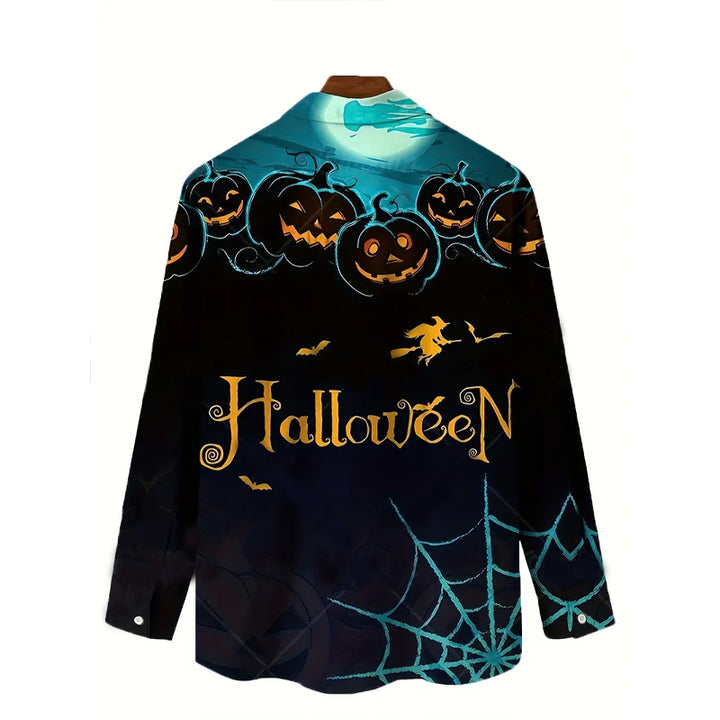 Men's Halloween Pumpkin Full Body Print Trendy Long Sleeve Shirt 2408003719