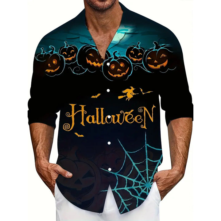 Men's Halloween Pumpkin Full Body Print Trendy Long Sleeve Shirt 2408003719