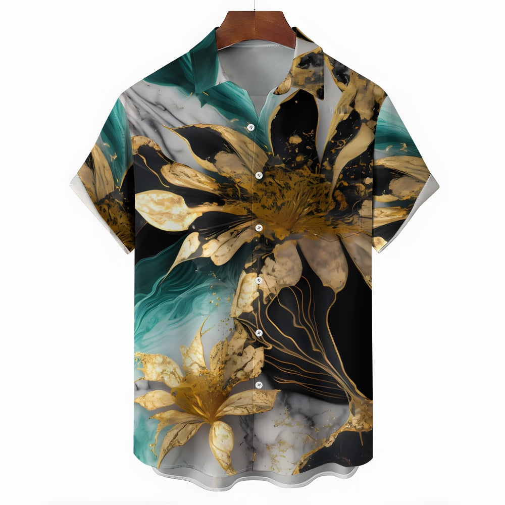 Hawaiian Gilded Art Floral Print Men's Button Pocket Short Sleeve Shirt 2405000201