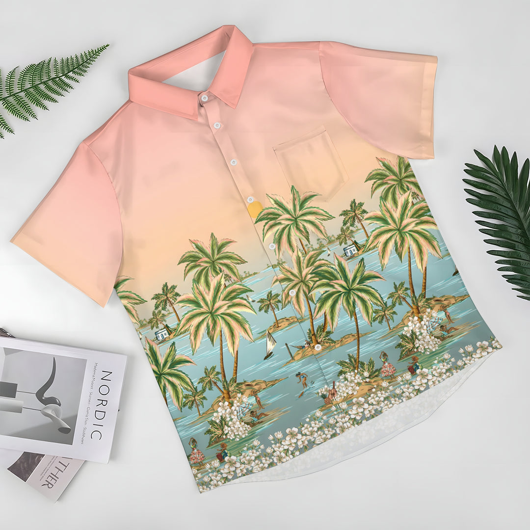 Men's Hawaiian Gradient Print Casual Short Sleeve Shirt 2404000060