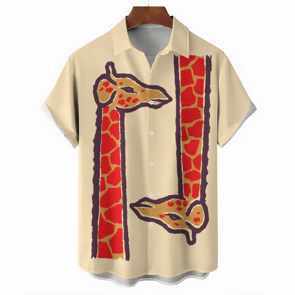 Upside-Down Giraffe Print Chest Pocket Short Sleeve Shirt 2411006001