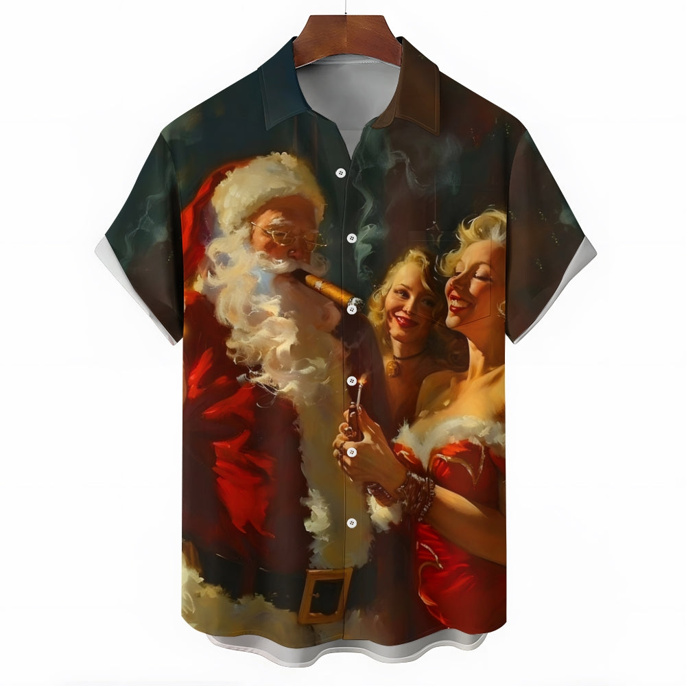 Christmas Santa Claus and Girl Printed Short Sleeve Shirt 2411006433