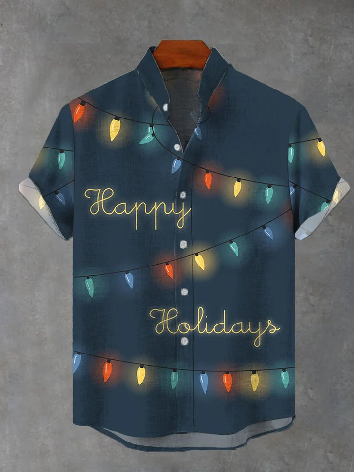 Happy Holidays String Light Print Short Sleeve Shirt