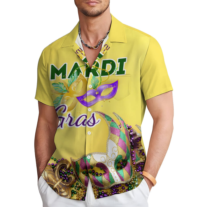 Mardi Gras Chest Pocket Short Sleeve Casual Shirt 2412000673