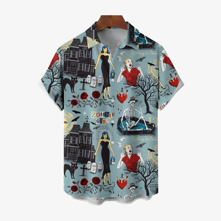 Horror Poster Illustration Casual Short-Sleeved Shirt 2406000416