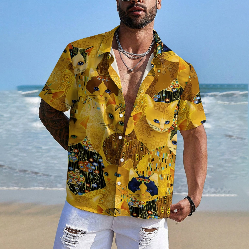 Gold Cat Print Casual Oversized Short Sleeve Shirt 2407005204