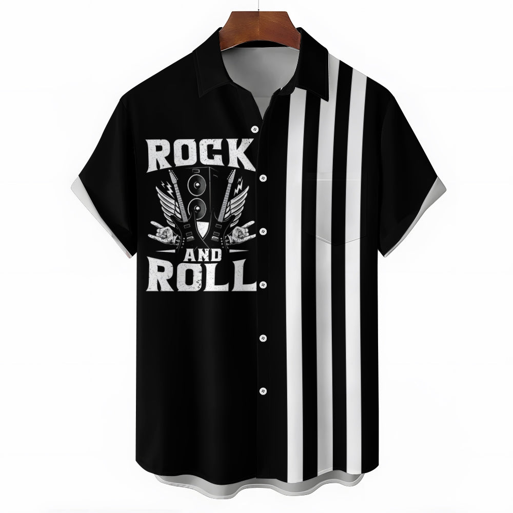 Rock Music Print Bowling Shirt Plus Size Casual Short Sleeve Shirt 2404000705