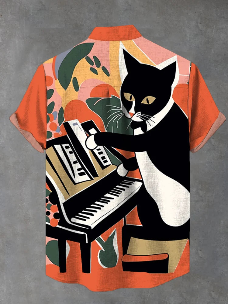 Cat Pattern Playing Piano Short Sleeve Shirt