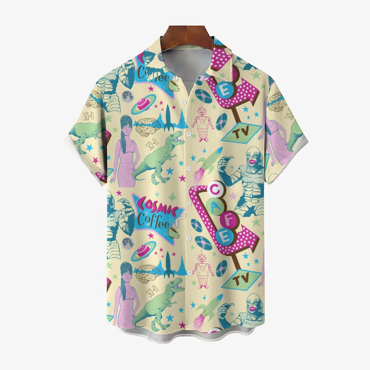 Dinosaur Monster Poster Illustration Casual Short Sleeve Shirt 2406000418