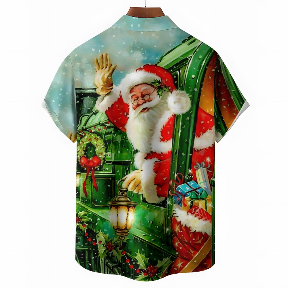 Christmas Santa Claus Green Train Casual Short Sleeve Shirt 2411003259