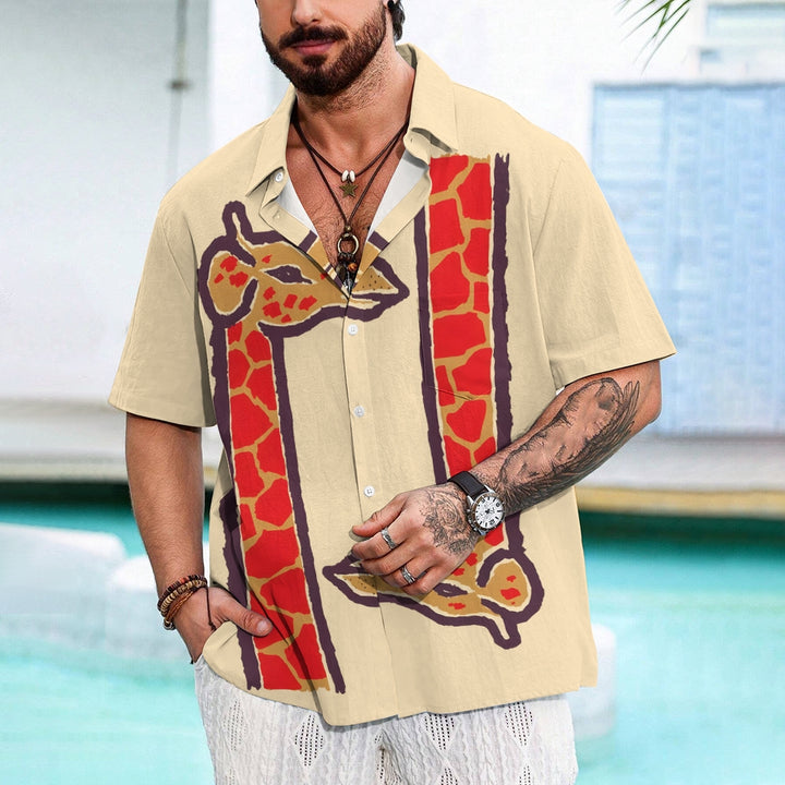 Upside-Down Giraffe Print Chest Pocket Short Sleeve Shirt 2411006001