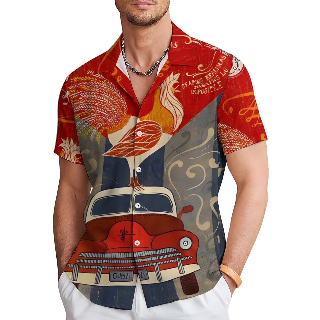 Men's Rooster Car Print Casual Short Sleeve Shirt 2404000452