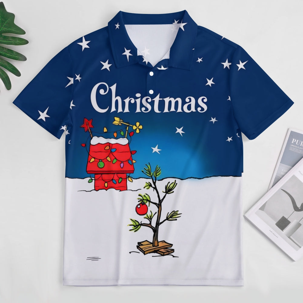 Christmas Tree Holiday Blue Cartoon Men's Button Down Short Sleeve Polo