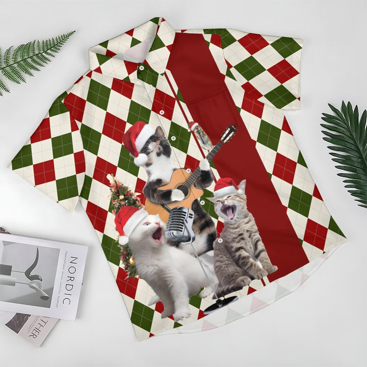 Cats Wearing Santa Hats And Singing Print Short Sleeve Shirt 2410003956