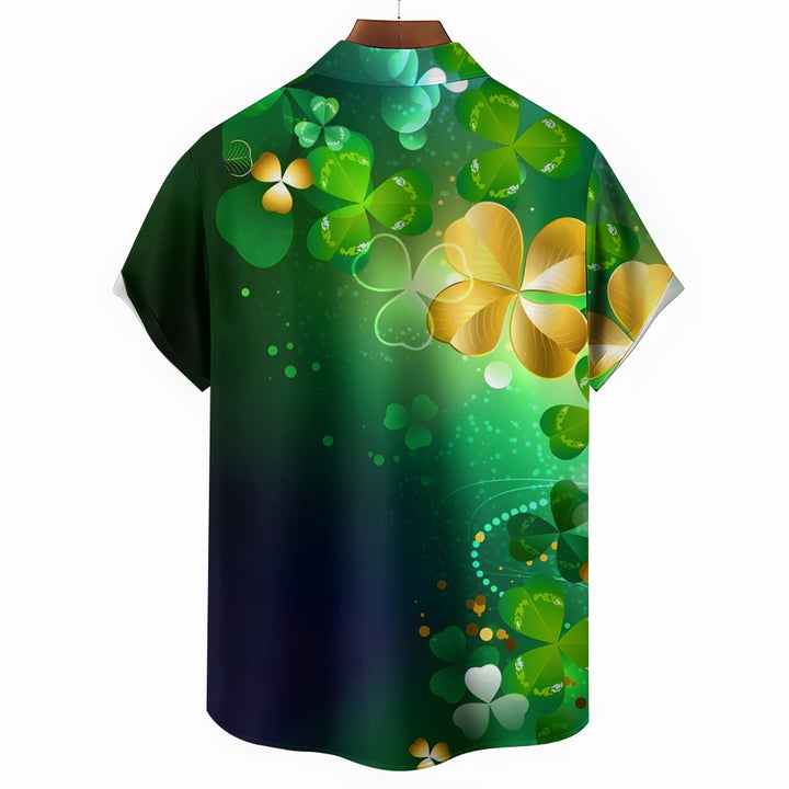 St. Patrick's Day Four-Leaf Clover Print Casual Shirt 2412006491