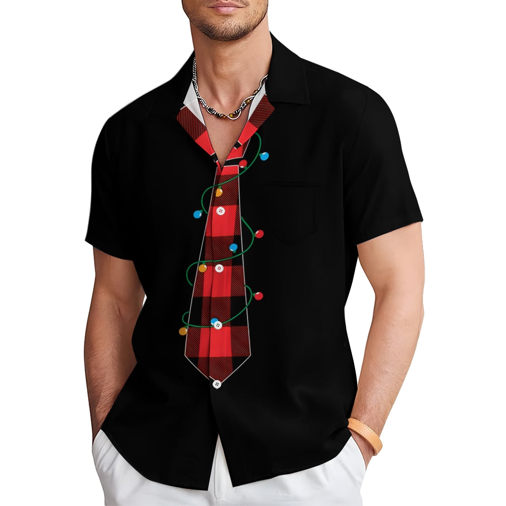 Christmas Check Lights Tie Print Casual Short Sleeve Shirt 2412004841