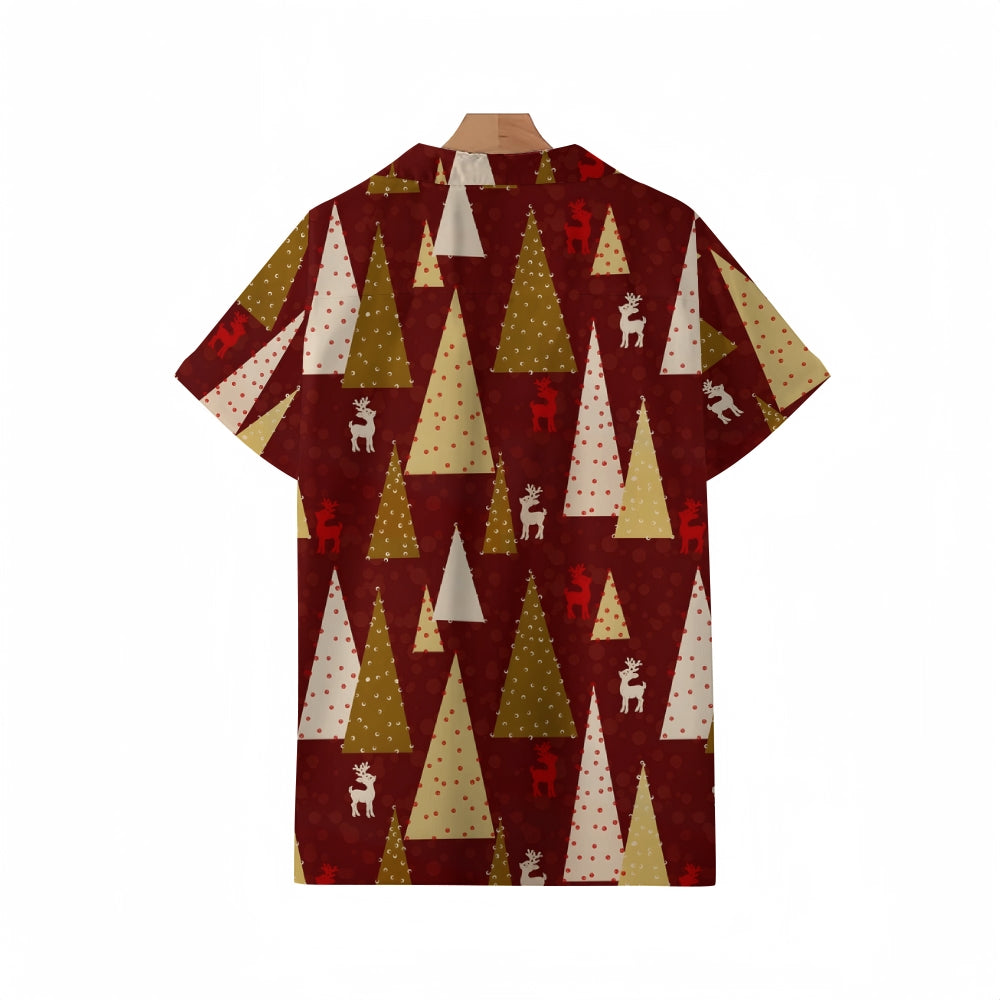 Christmas Tree And Elk Geometric Print Cuban Collar Short Sleeve Shirt 2410006030