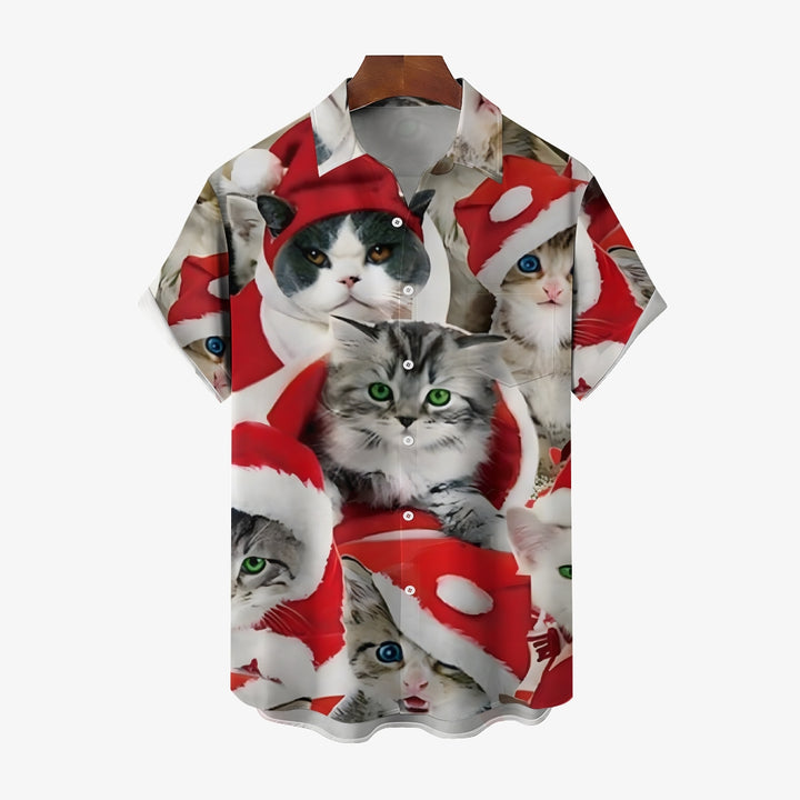 Christmas Cat in the Hat Print Short Sleeve Shirt 2410002036