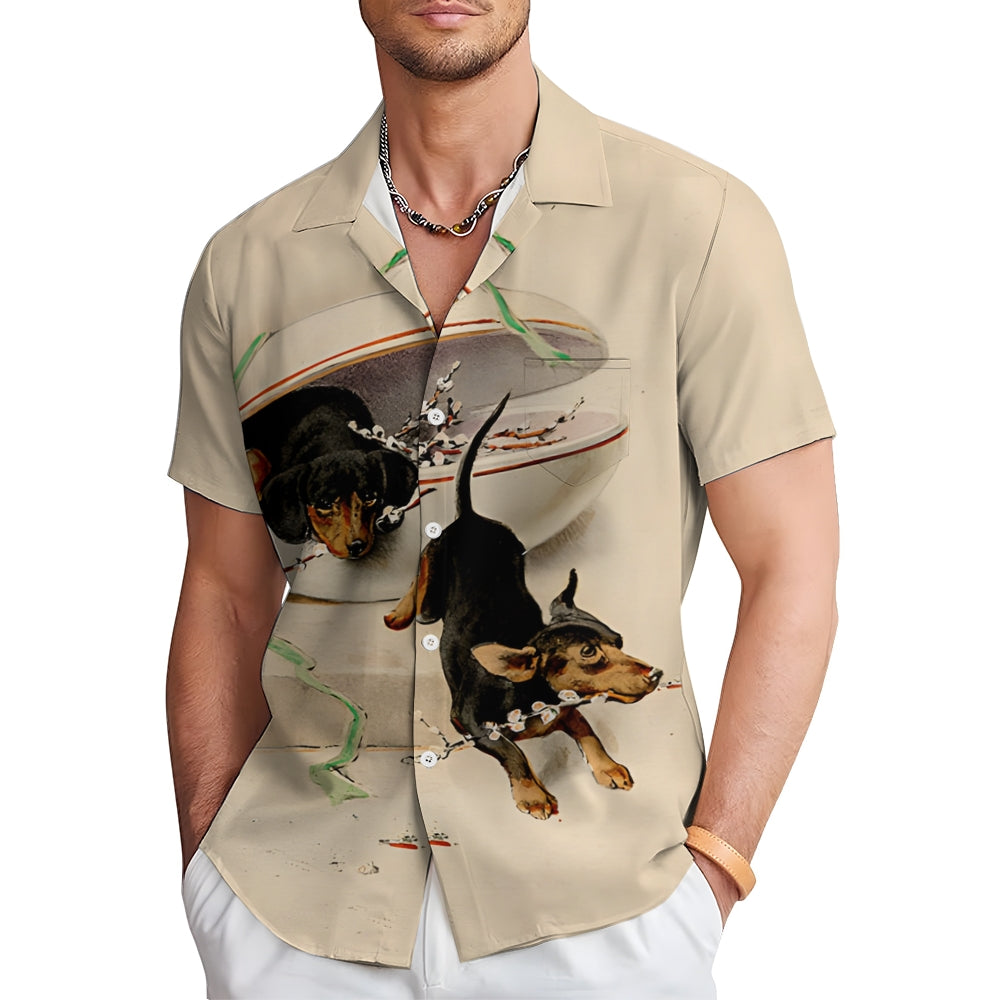 Dachshund Holiday Print Casual Short Sleeve Shirt 2410003716