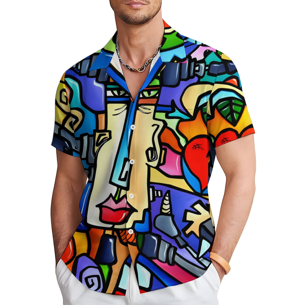 Geometric Art Face Print Casual Short Sleeve Shirt 2412006995