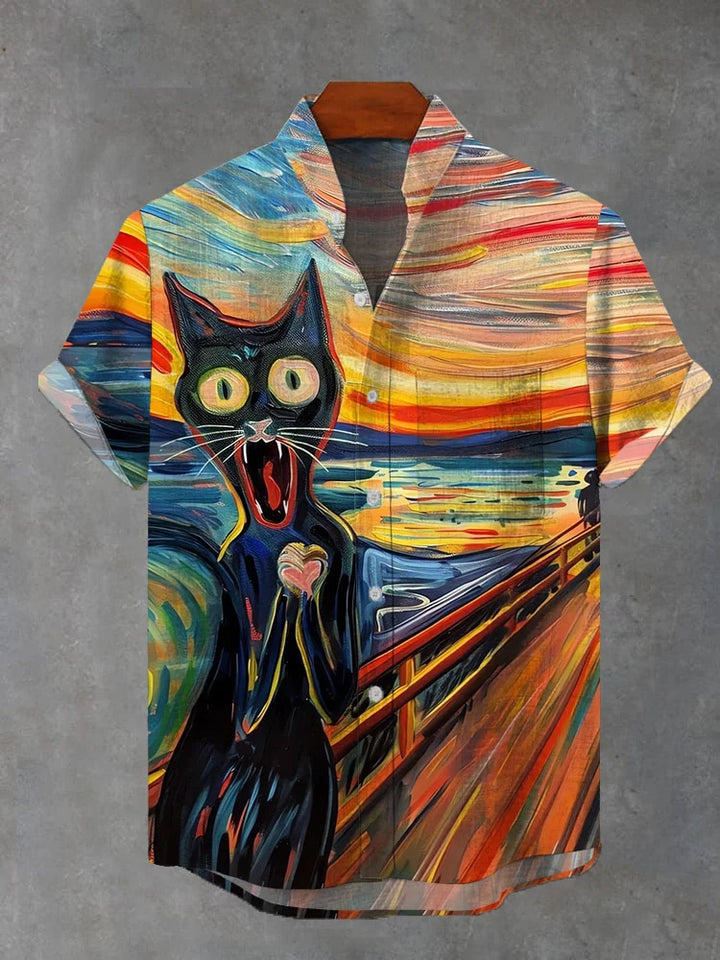 Oil Painting Black Cat Print Short Sleeve Shirt