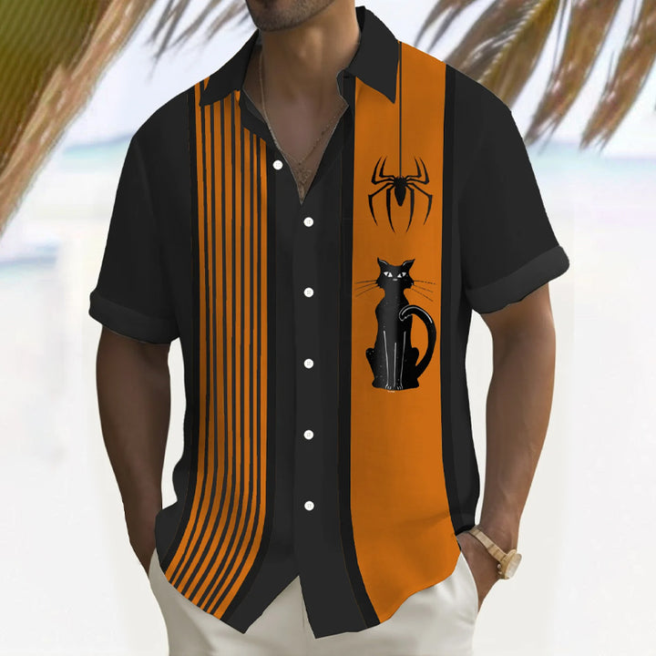 Men's Halloween Spider Cat Retro Bowling Stripe 3D Digital Print Shirt 2410000877