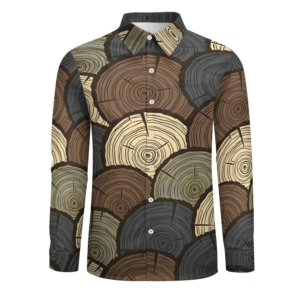 Men's Casual Wood Cross Section Printed Long Sleeve Shirt 2410006597