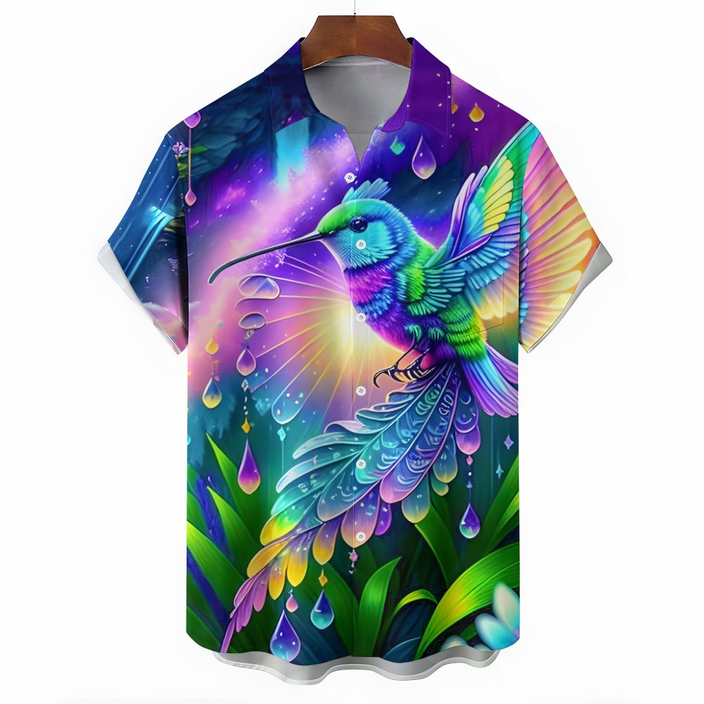 Colorful Hummingbird Print Casual Short Sleeve Shirt 2408004530