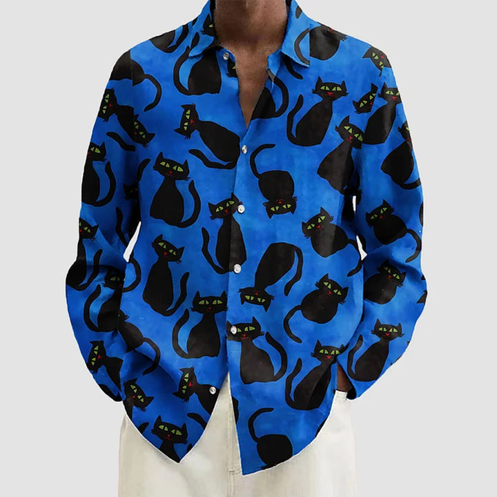 Cats Print Long Sleeve Hawaiian Shirt