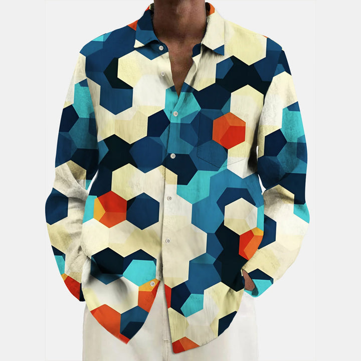 Men's Vintage Geometric Print Long Sleeve Shirt 2409000403