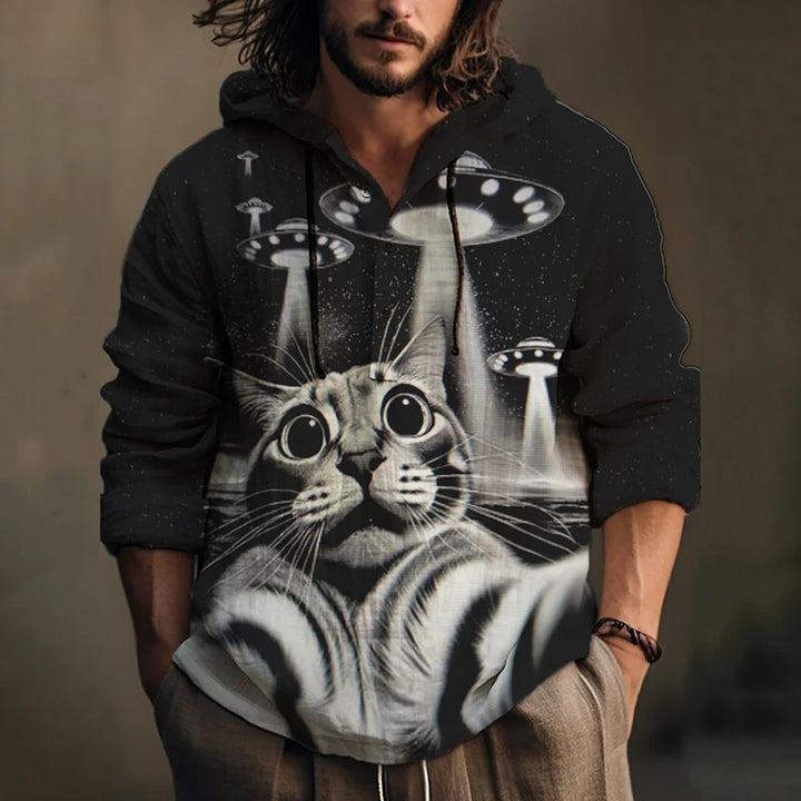 Men's Frightened Cat UFO Futuristic Sci-Fi Art Print Hooded Shirt