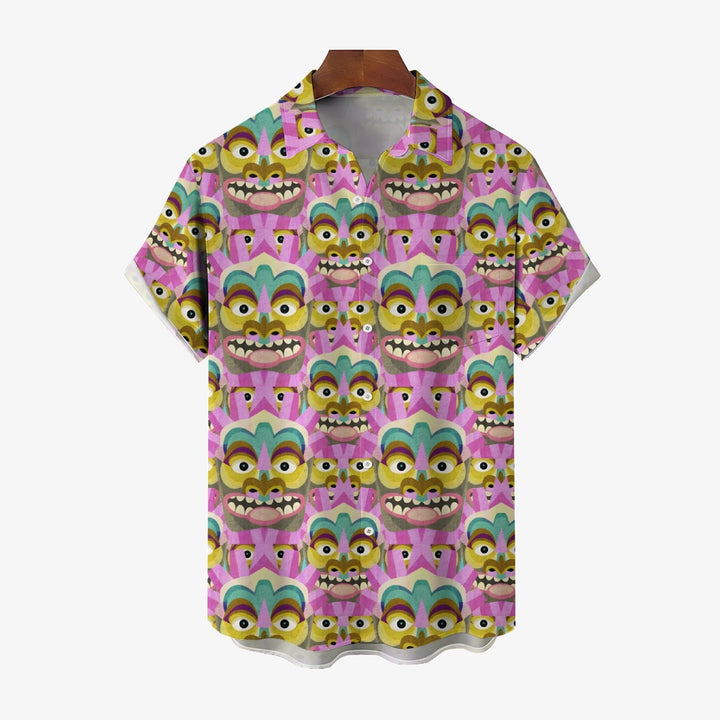 Tiki Art Print Casual Short Sleeve Shirt 2408005065