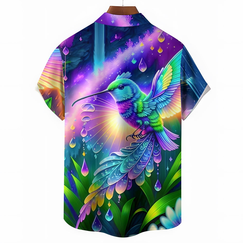 Colorful Hummingbird Print Casual Short Sleeve Shirt 2408004530