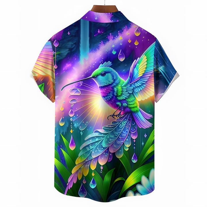 Colorful Hummingbird Print Casual Short Sleeve Shirt 2408004530