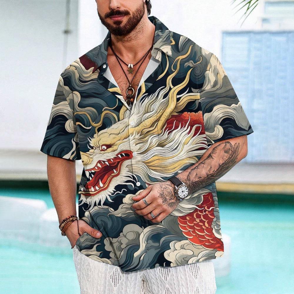 Dragon Print Casual Oversized Short Sleeve Shirt 2407001210