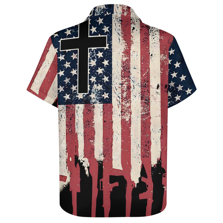 Men's Flag Patriotism Cross Casual Short Sleeve Shirt 2404001075