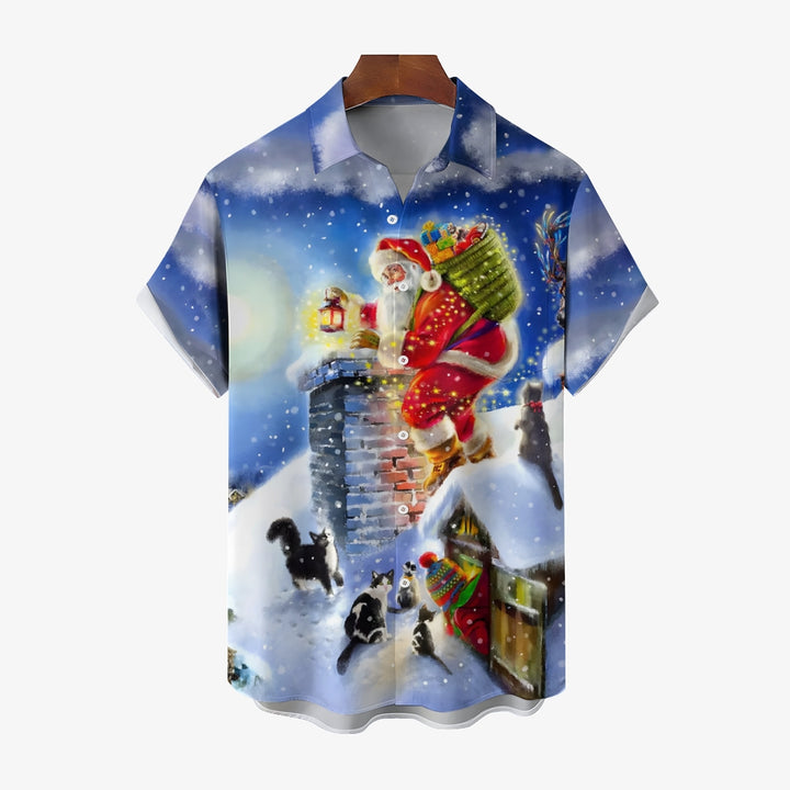 Christmas Santa Claus Giving Gifts Chest Pocket Short Sleeve Shirt 2411005930