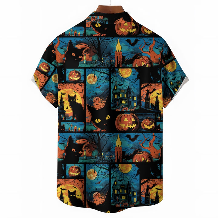 Black Cat Pumpkin Halloween Casual Large Size Short Sleeve Shirt 2407003695