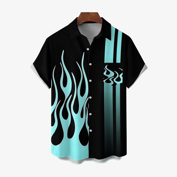 Blue Flame Print Stripes Casual Short Sleeve Shirt 2404000317